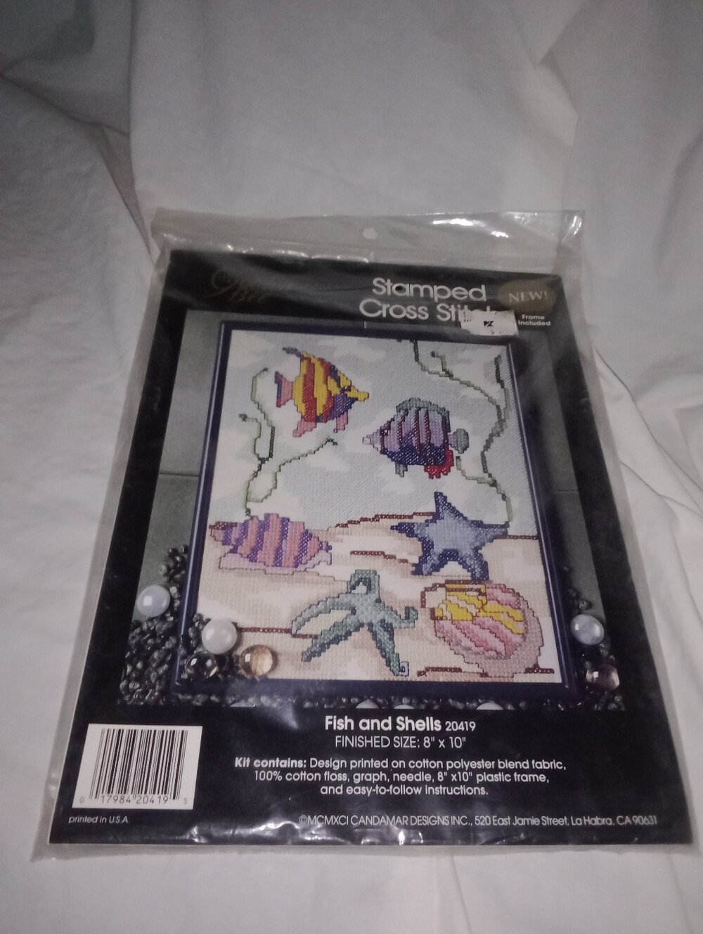 Vintage 1991 Golden Bee Cross Stitch Fish Sea Shells Nautical 8" x 10" Ocean